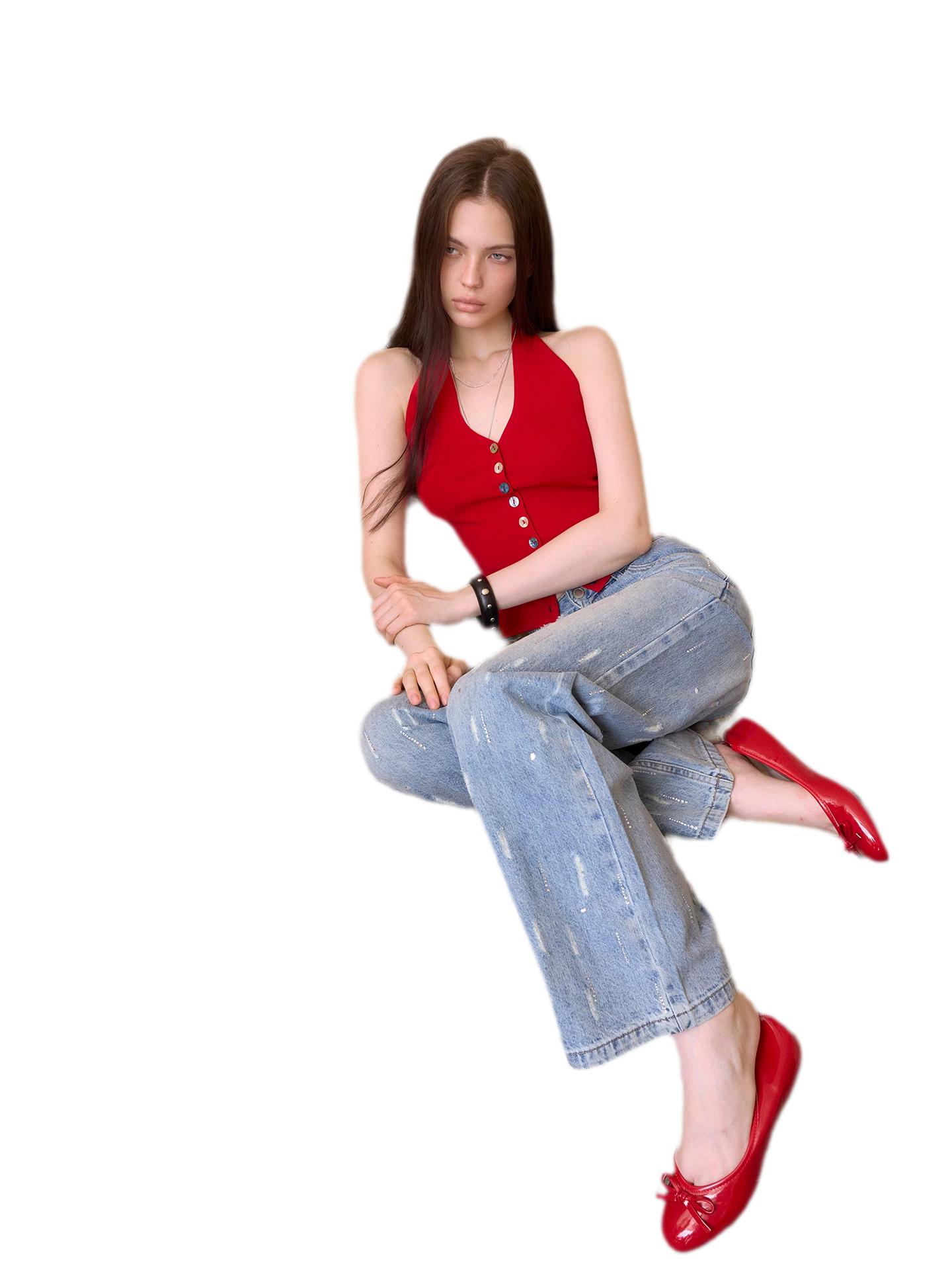 Rhinestone Distressed Denim Pants