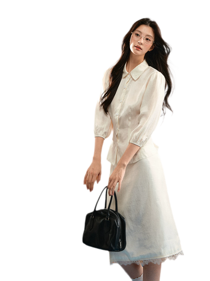 Linen Bubble Sleeve Top Skirt