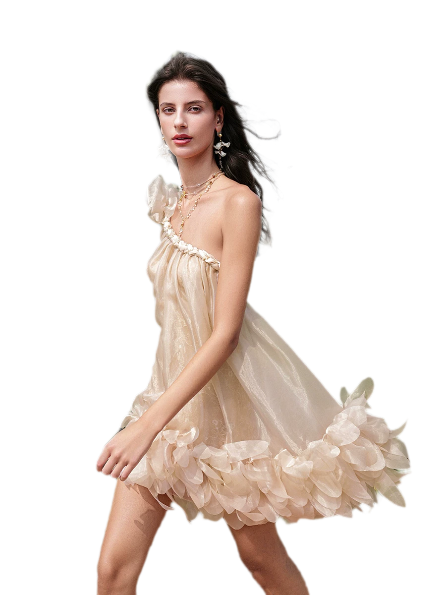 Sequined One-Shoulder Organza Dress