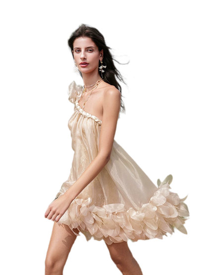 Sequined One-Shoulder Organza Dress
