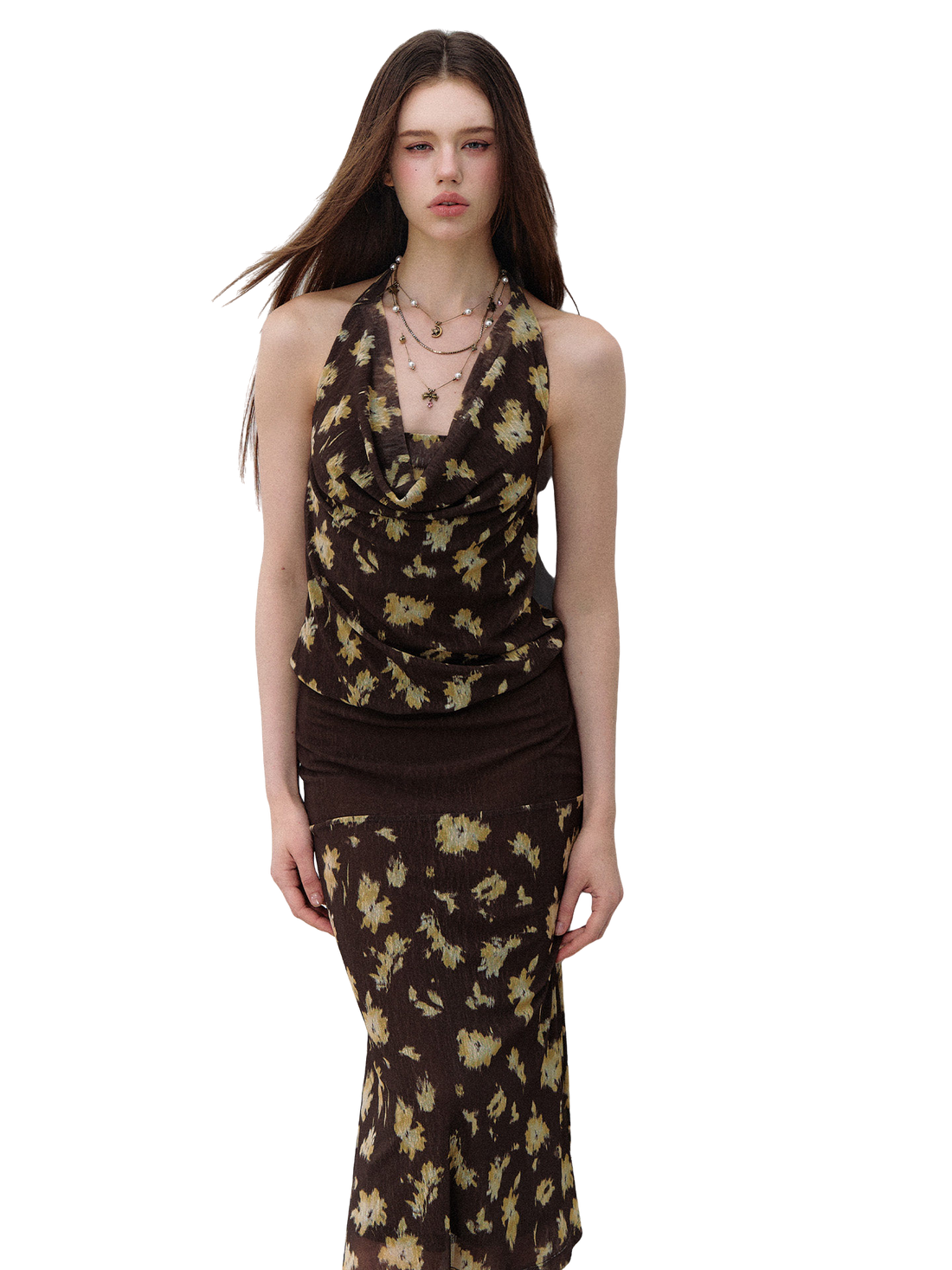 Misty Garden Halter Neck Fishtail Mesh Dress