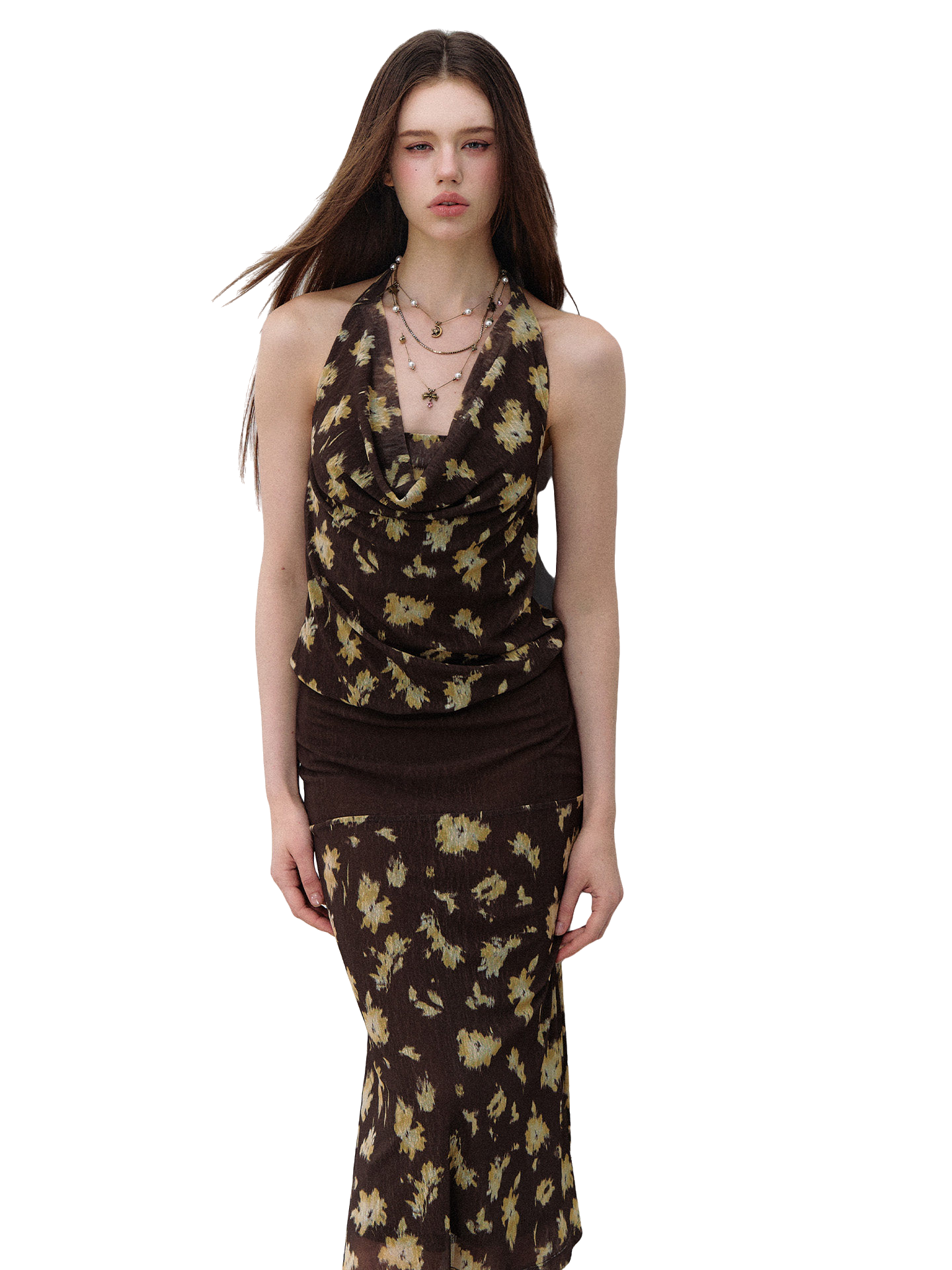Misty Garden Halter Neck Fishtail Mesh Dress