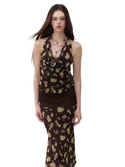 Misty Garden Halter Neck Fishtail Mesh Dress
