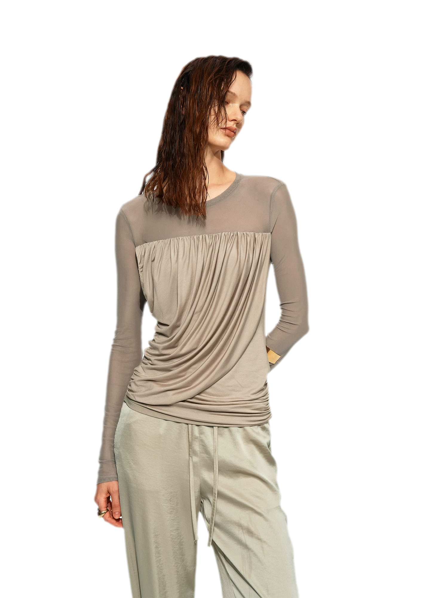 Draped Mesh Long Sleeve Tee