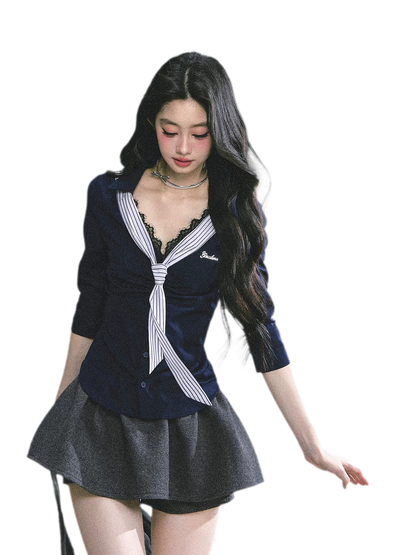 細條紋蕾絲 Polo 衫