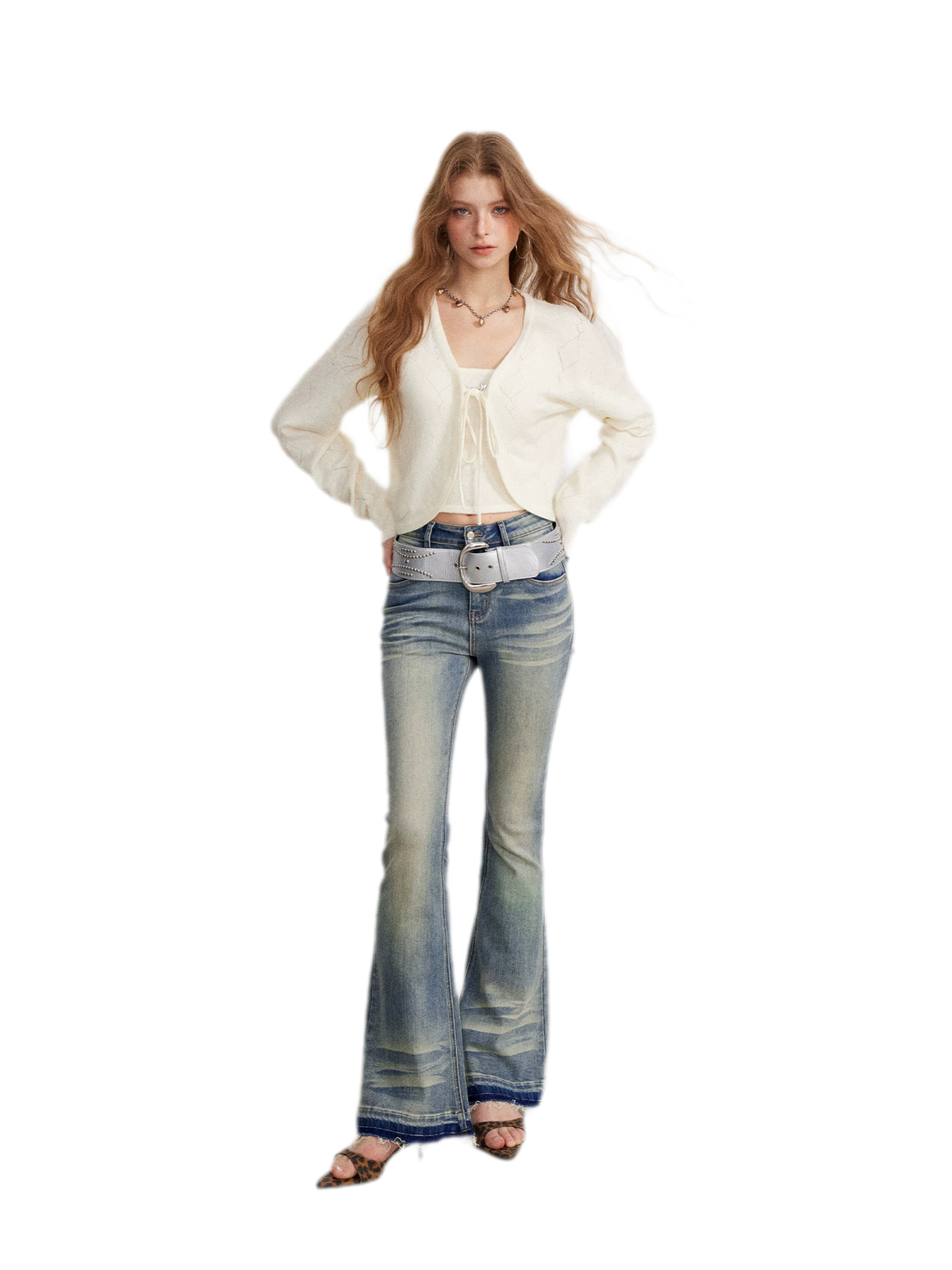 Washed Micro-Flare Contrast-Hem Jeans