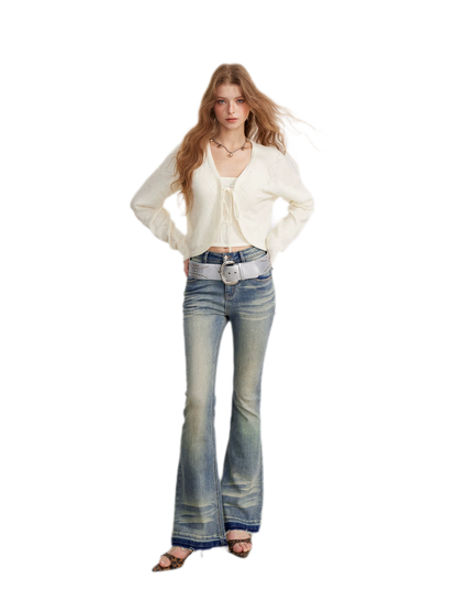Washed Micro-Flare Contrast-Hem Jeans