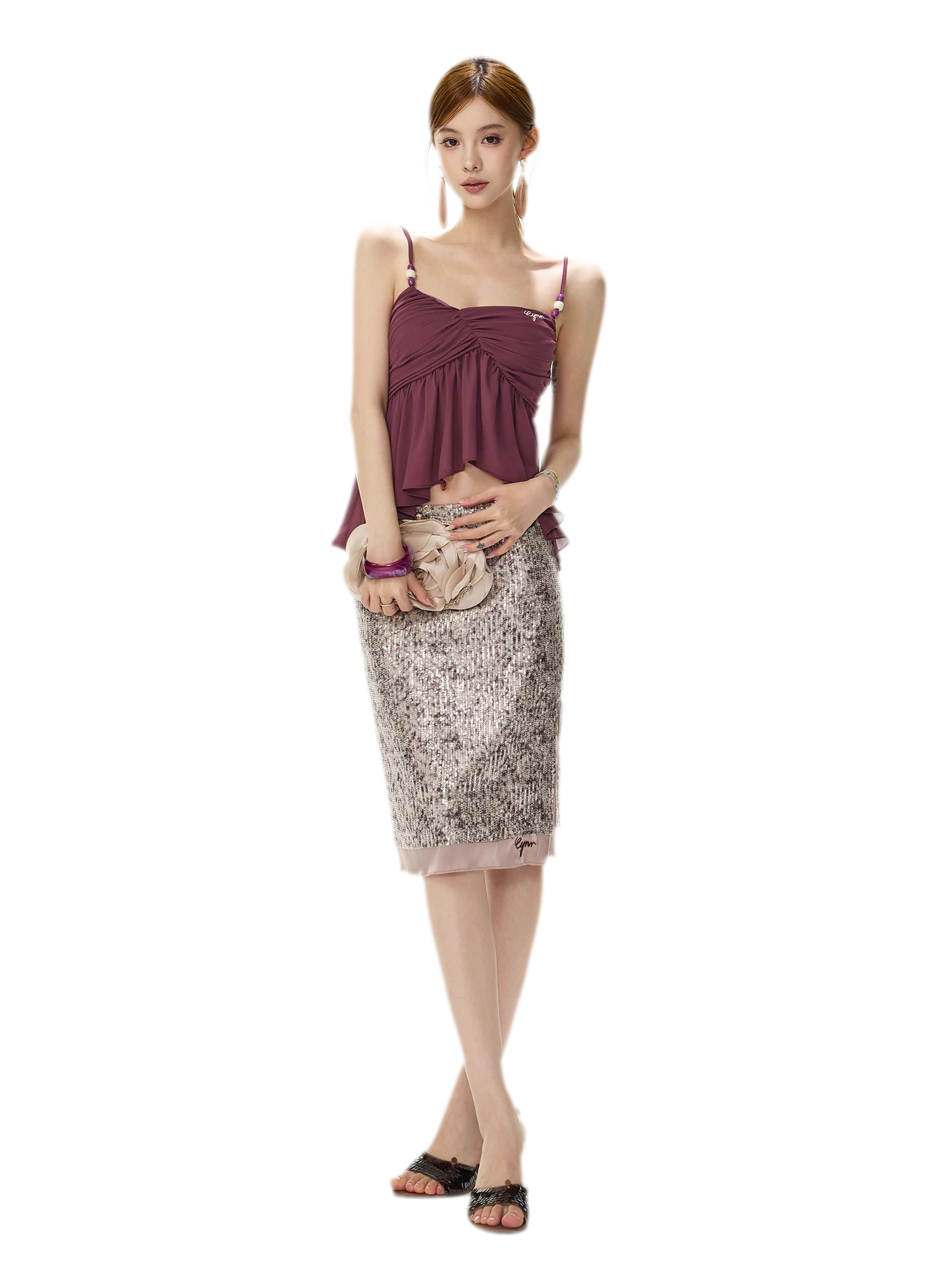 Purple Sequin Slit Skirt