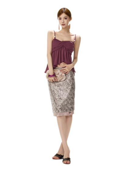 Purple Sequin Slit Skirt