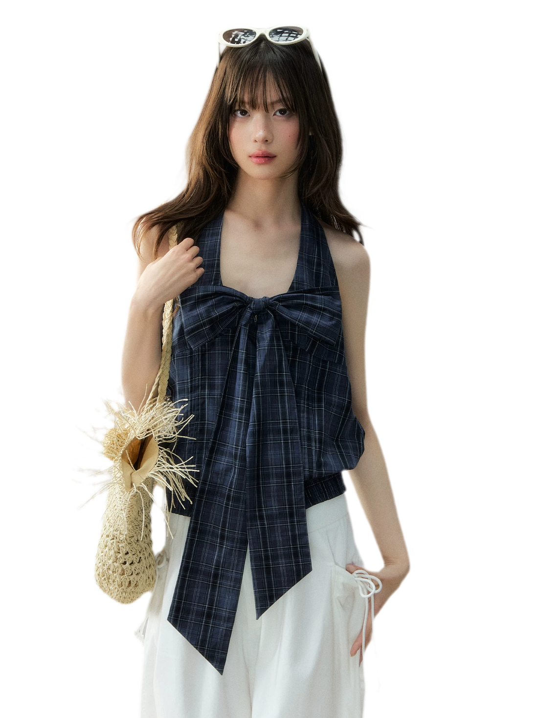 Checked Bow Tie V-Neck Halter Top