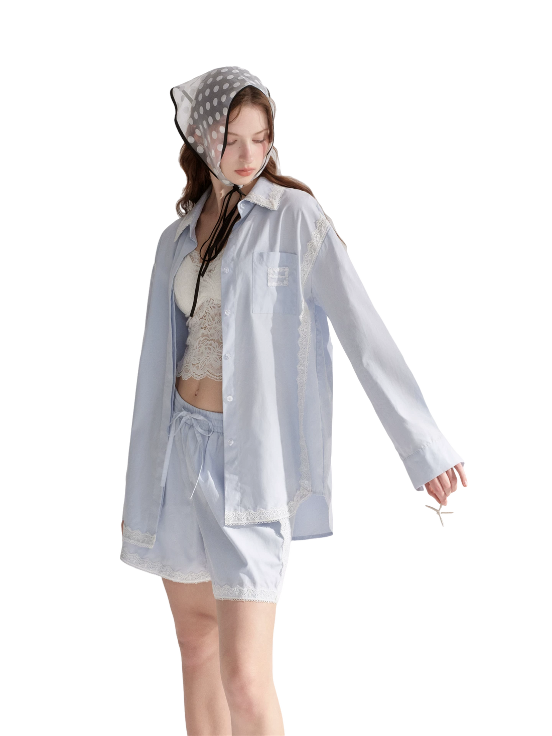 Lace Embroidered Loose Shirt &amp; Shorts Set