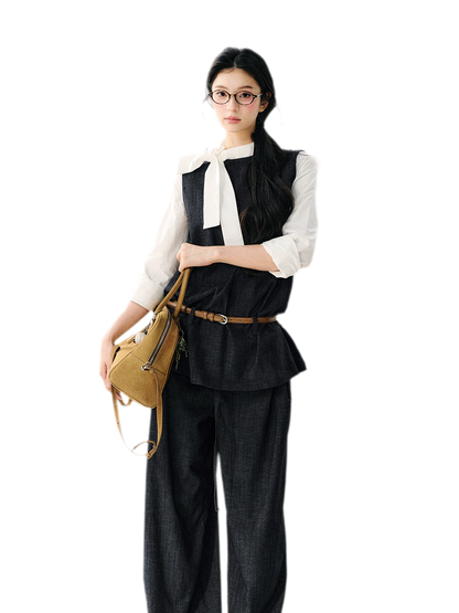 Contrast Ribbon Denim Blouse