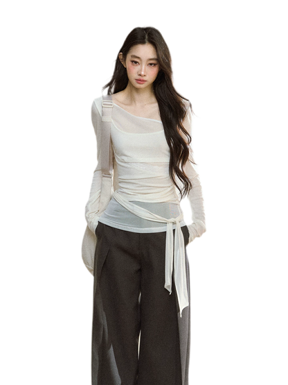 Ruched Sheer Crossover Long-Sleeve Top