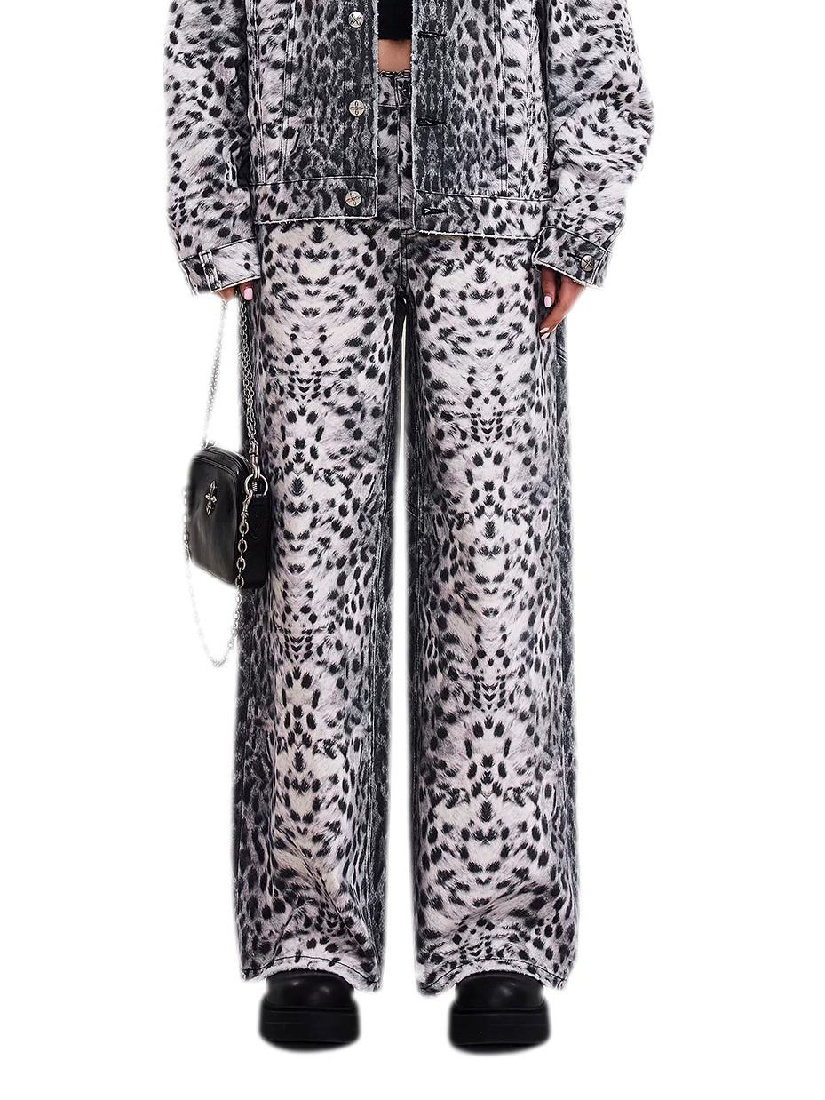 Cross Statue Leopard Print Wide-Leg Jeans