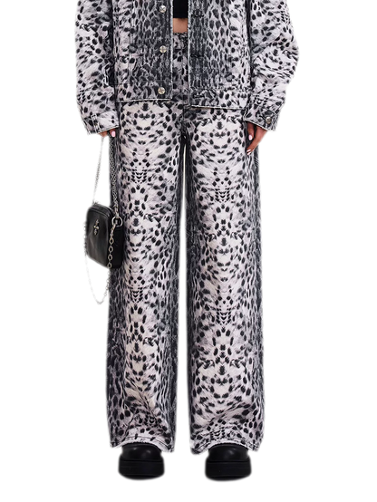 Cross Statue Leopard Print Wide-Leg Jeans