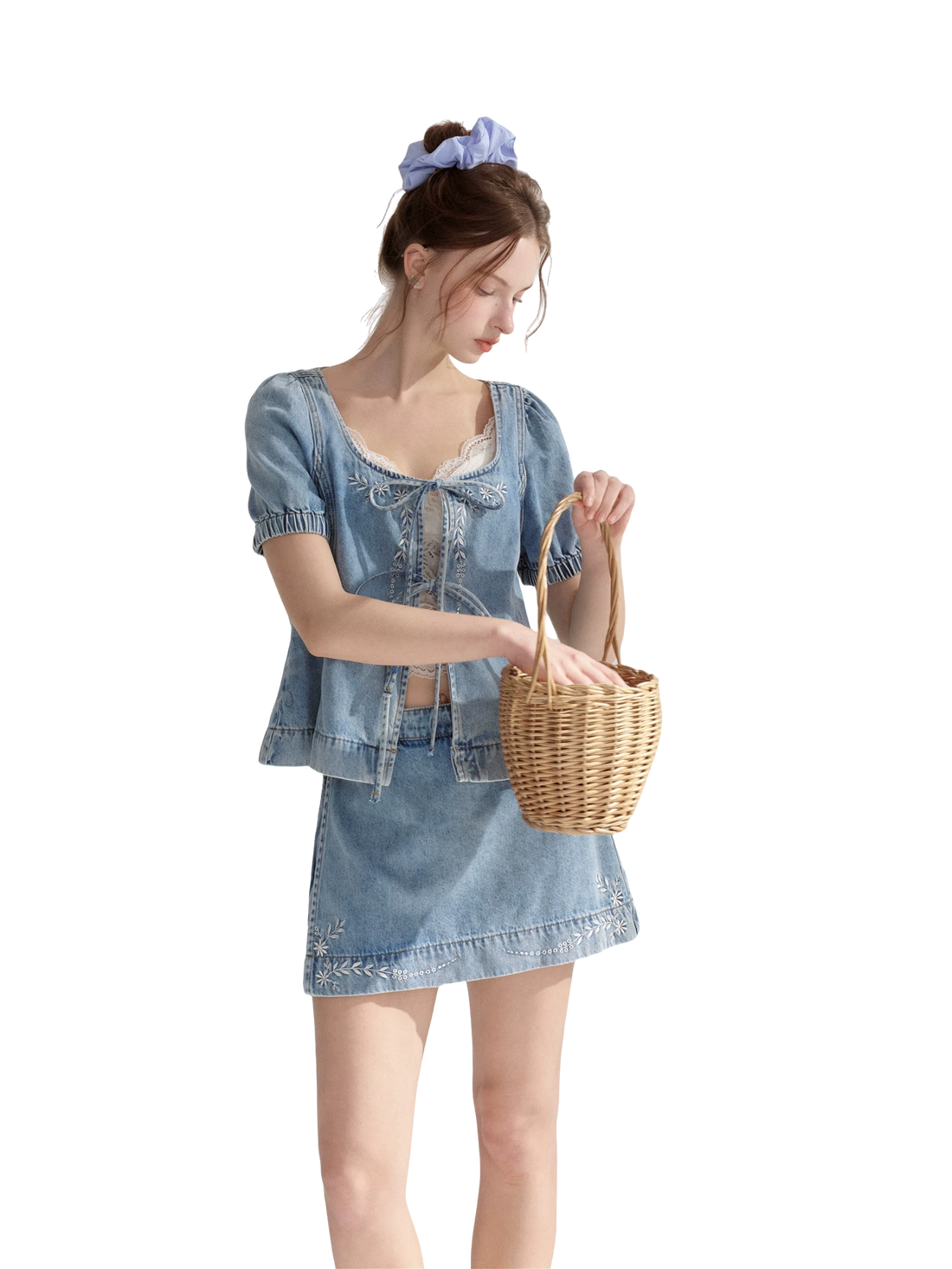 Floral Embroidered Tie Denim Top &amp; Skort Set