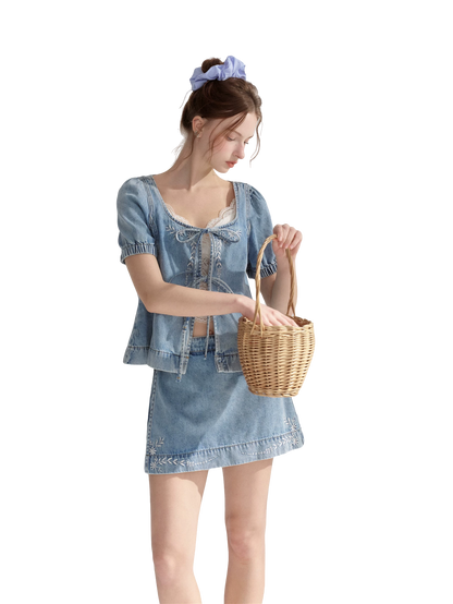 Floral Embroidered Tie Denim Top &amp; Skort Set