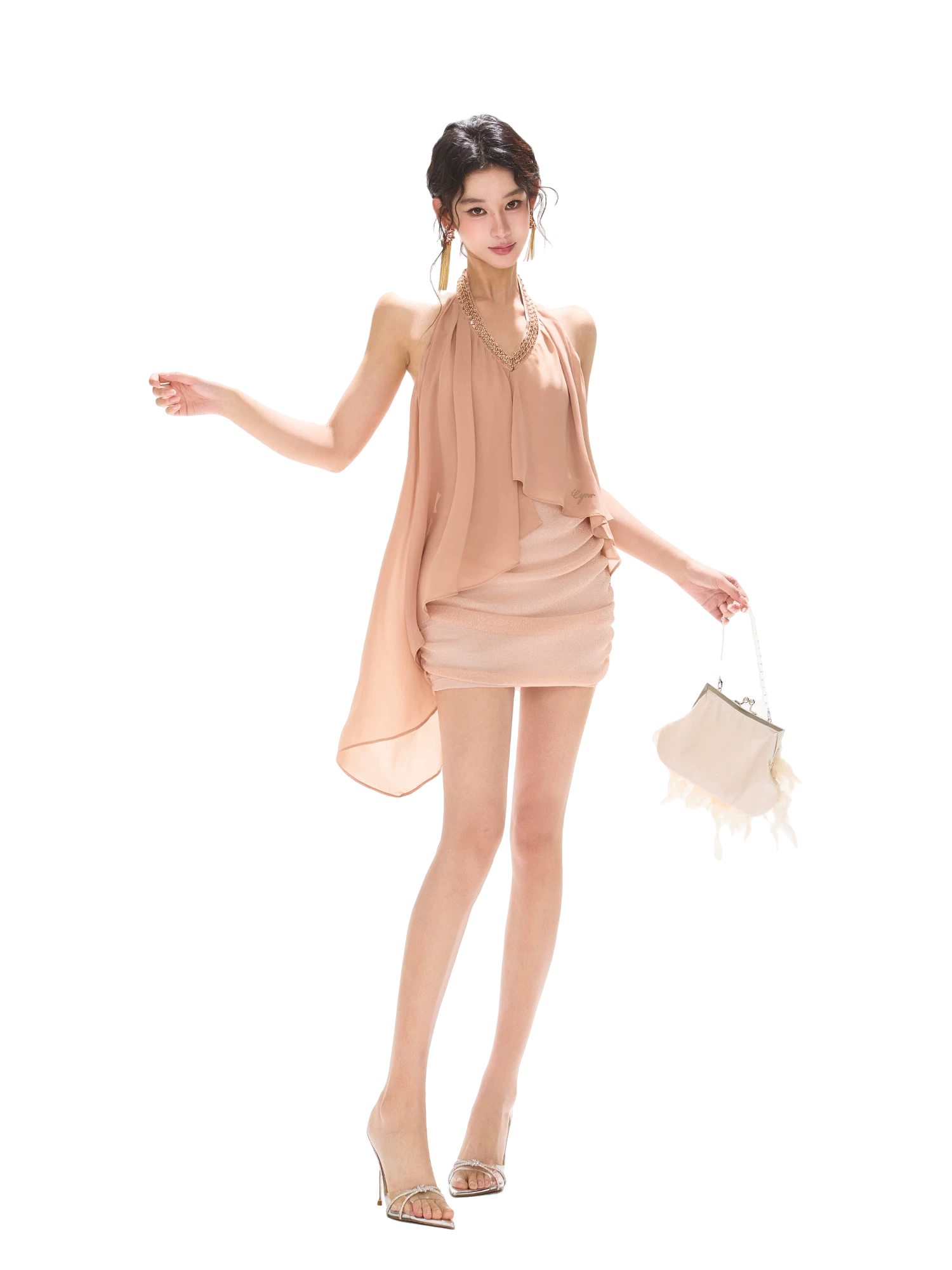 Floating Light Halter V-Neck Beaded Chiffon Dress
