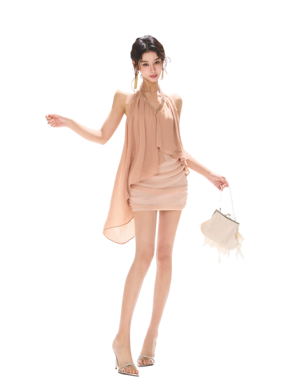 Floating Light Halter V-Neck Beaded Chiffon Dress