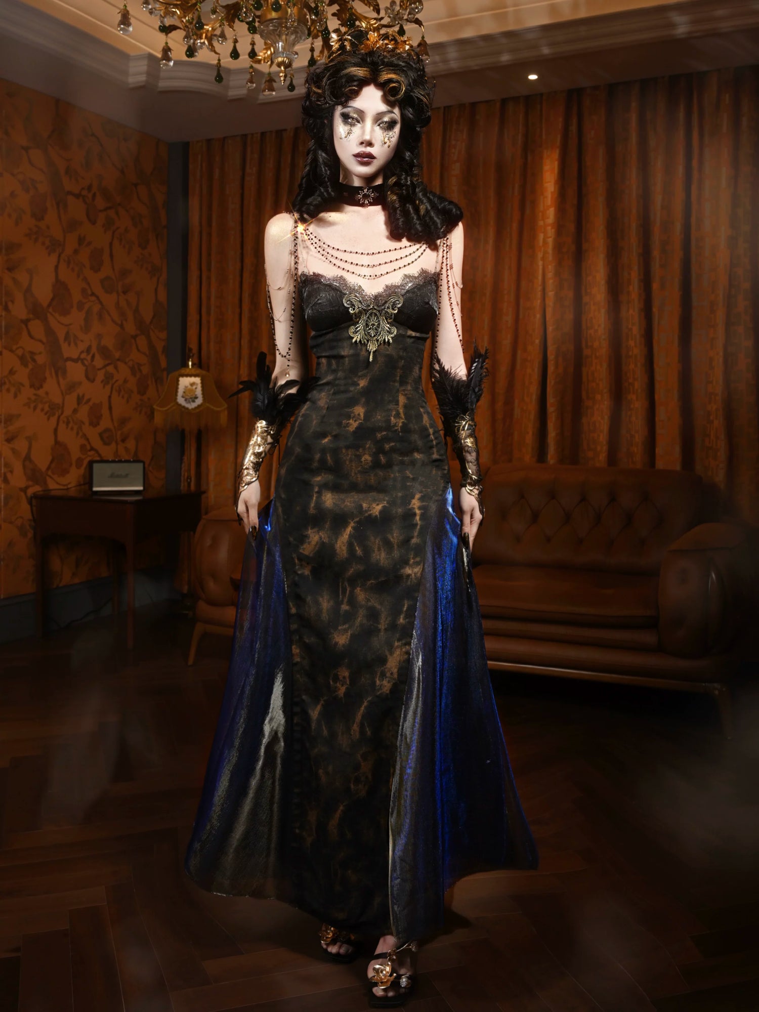 Gold Jacquard A-Line Evening Dress