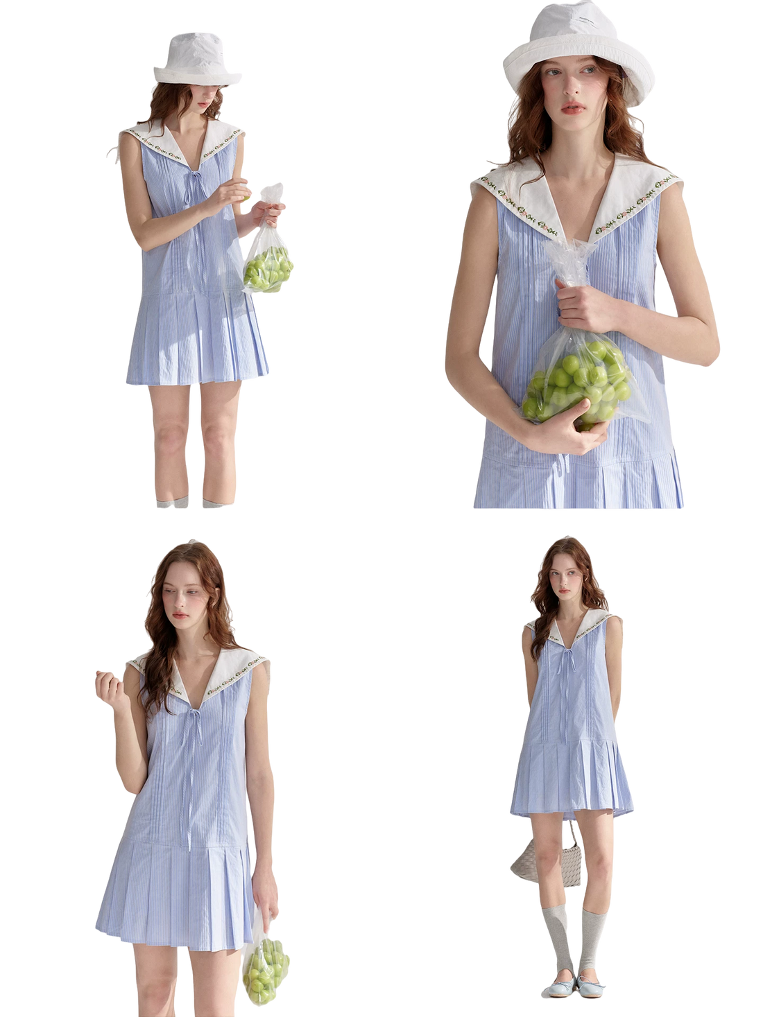 Embroidered Blue Striped Sailor Collar Pleated Dress