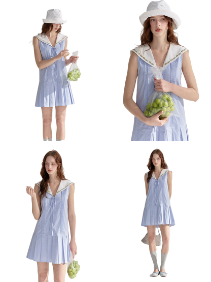 Embroidered Blue Striped Sailor Collar Pleated Dress
