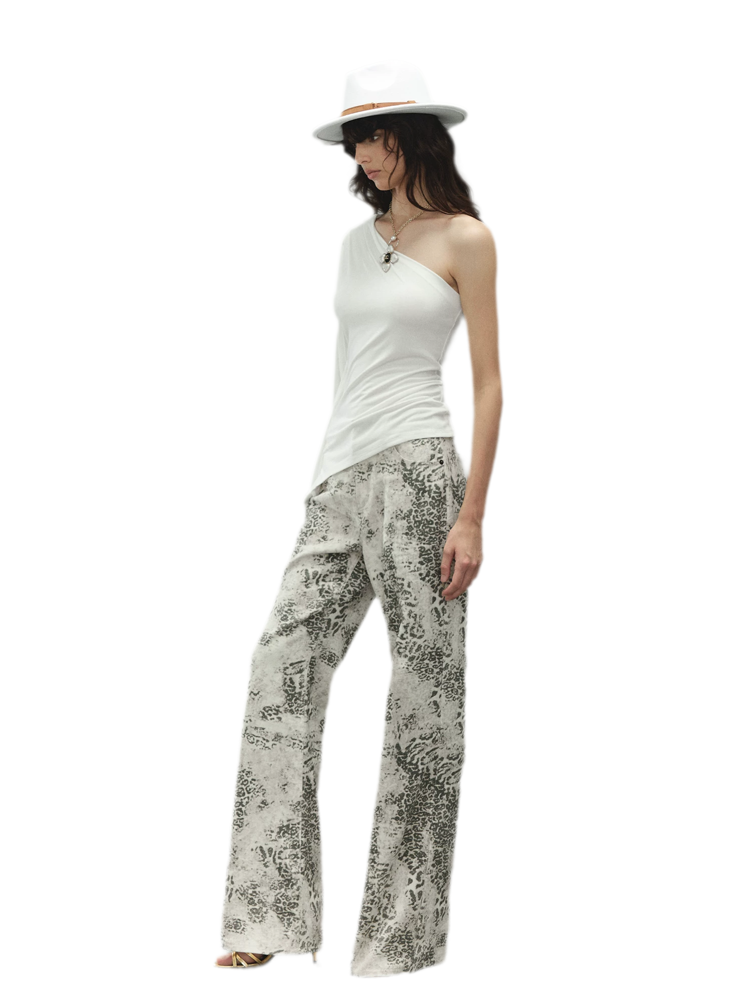 Vintage Leopard Print Washed Denim Pants