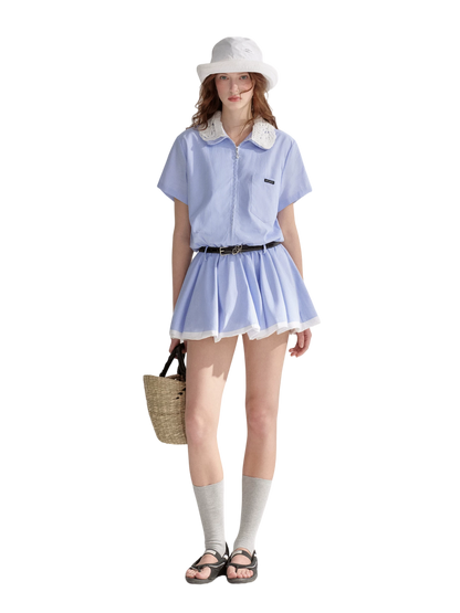 Lace Collar Half-Zip Waist Dress