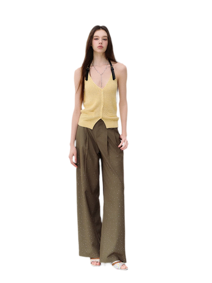 Rhinestone Pleated Waistband Wide-Leg Pants