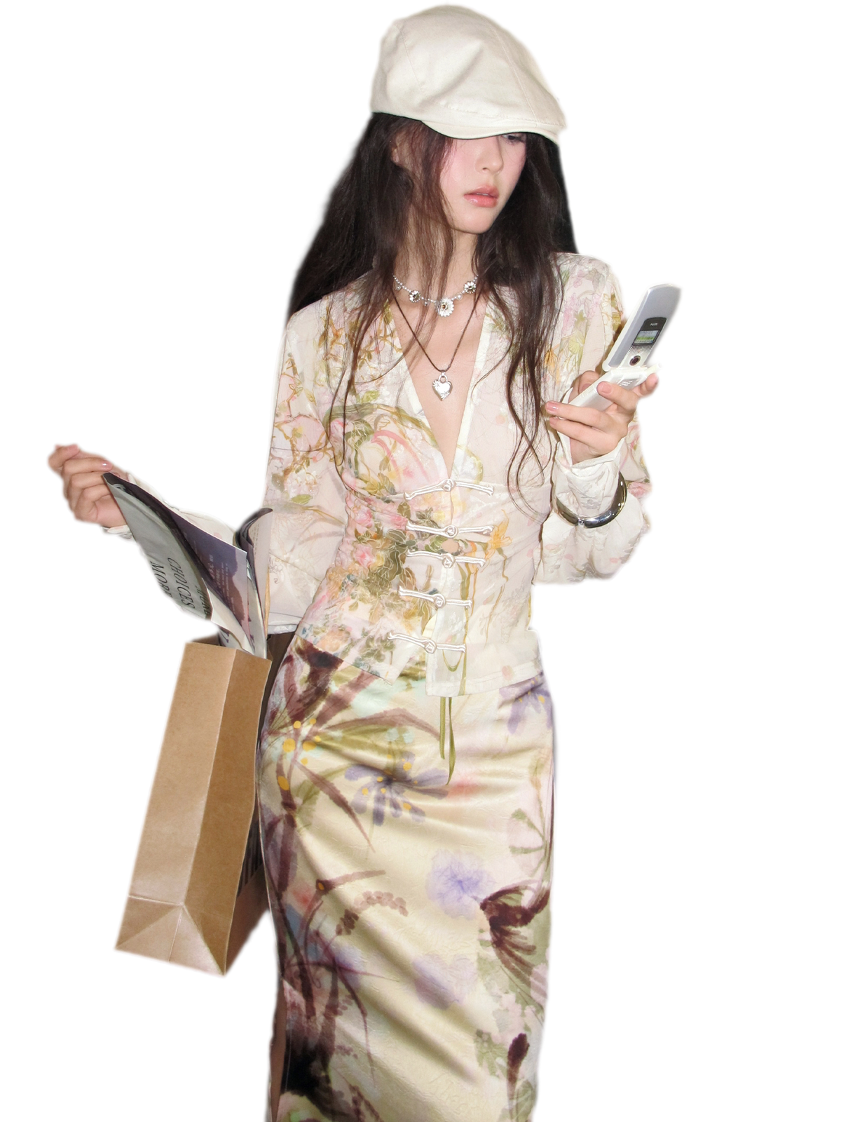 Blusa in jacquard di velluto con maniche a lanterna