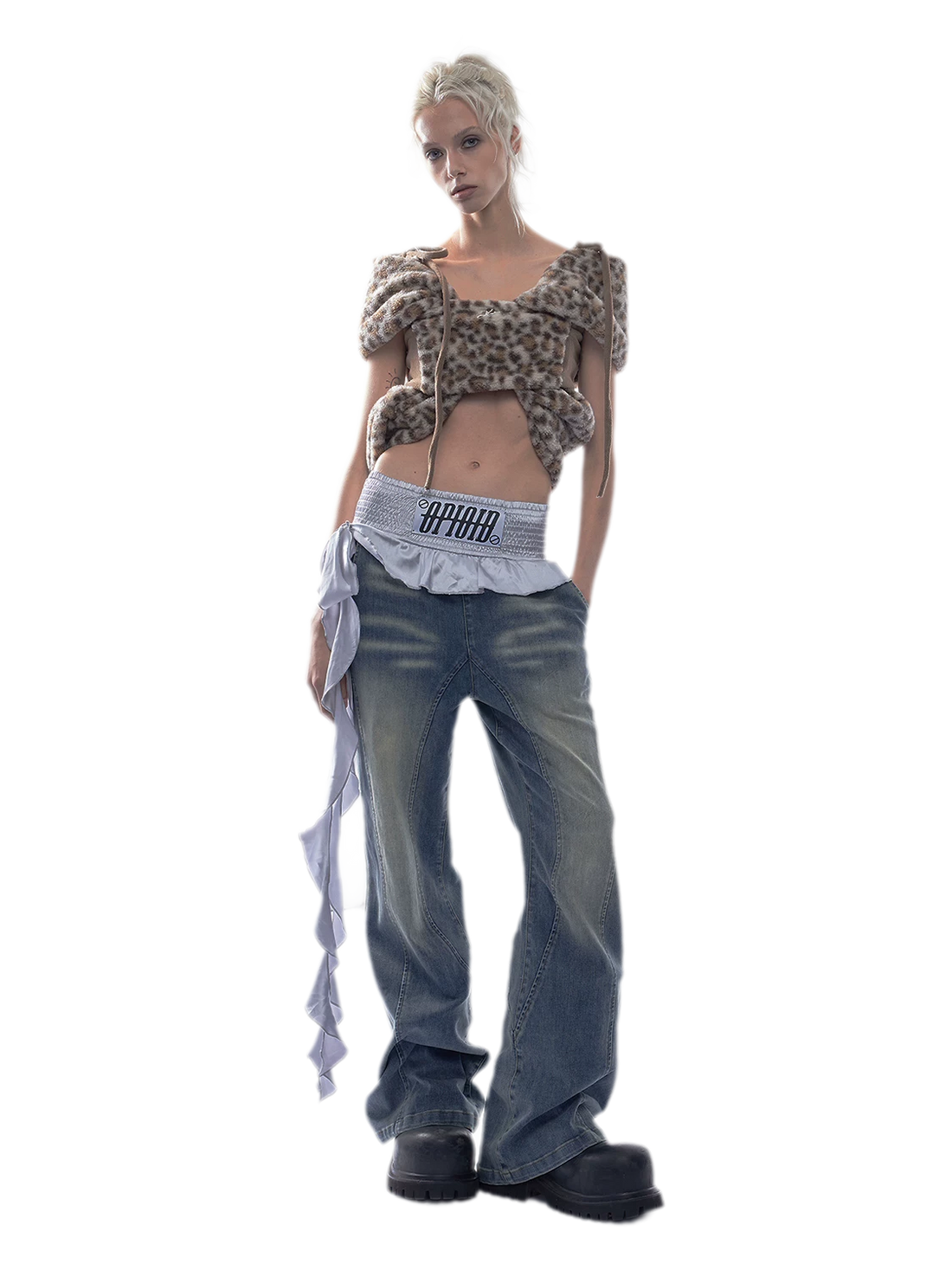 Washed Patchwork Wide-Leg Jeans