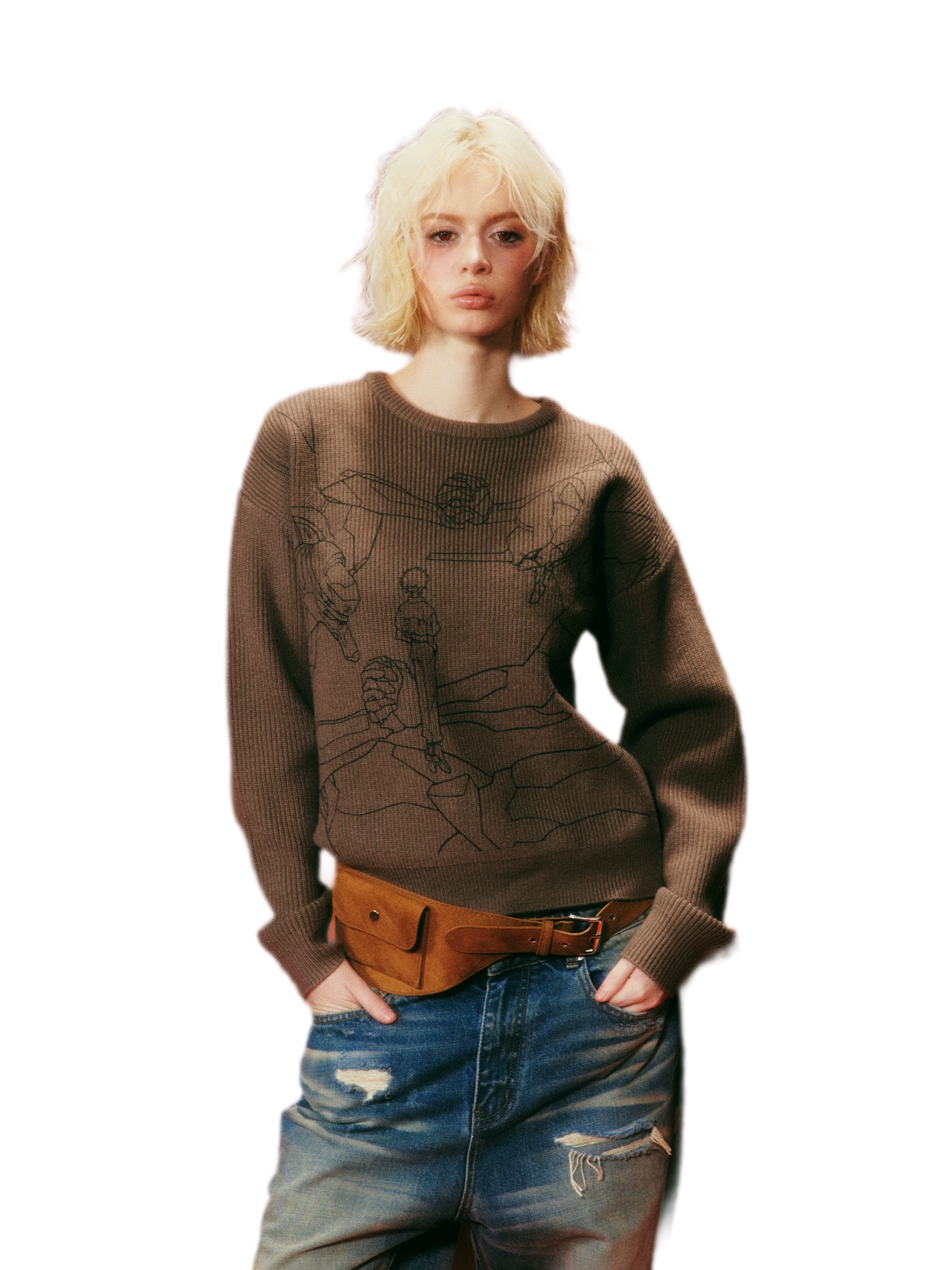 Rib-Knit Linework Graphic Sweater