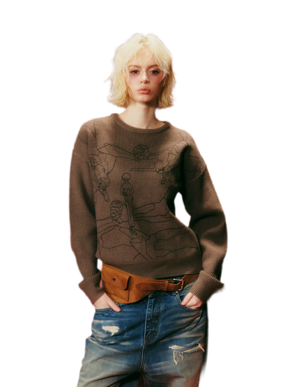 Rib-Knit Linework Graphic Sweater