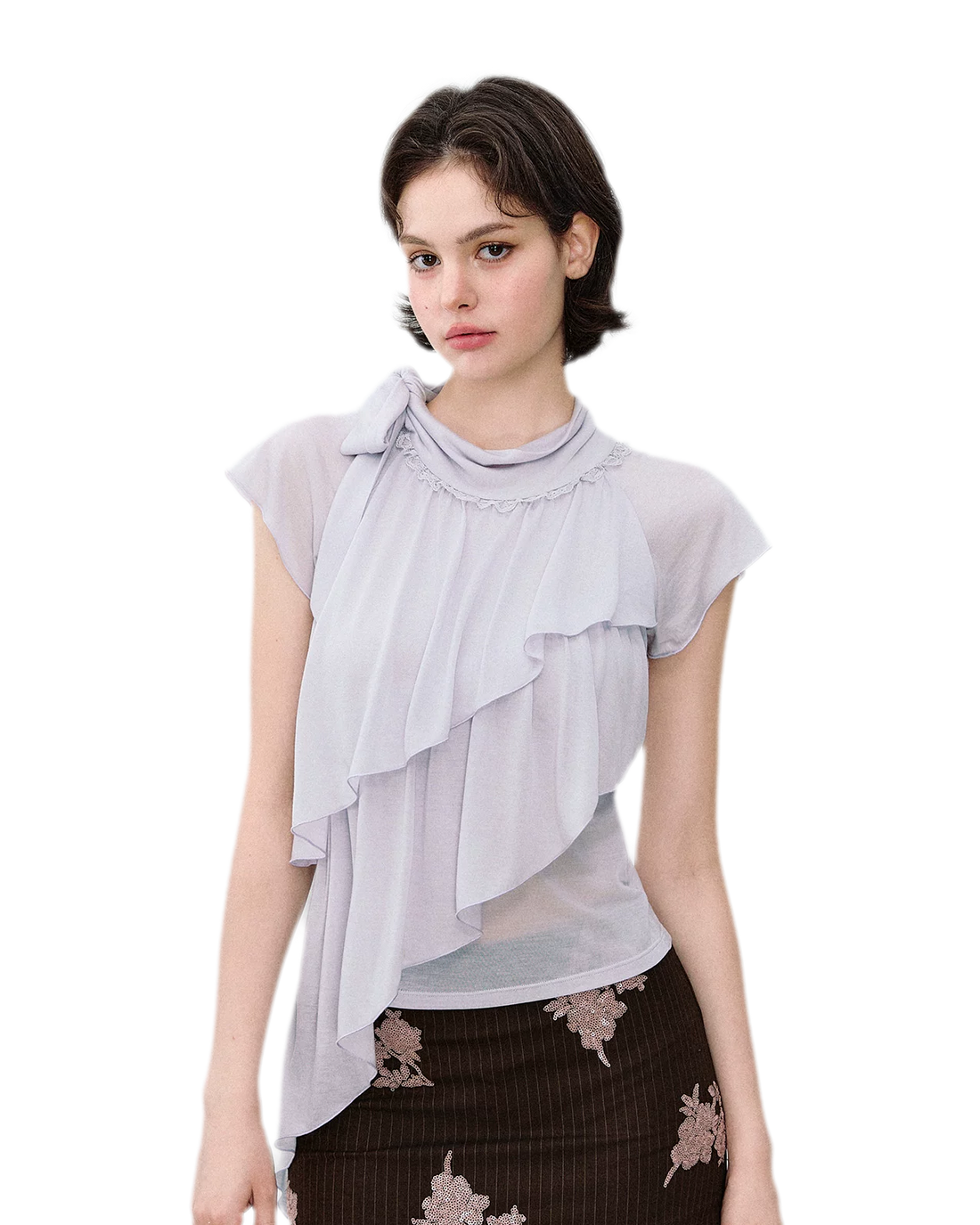 Ruffle Tie-Neck Tencel Short Sleeve Top