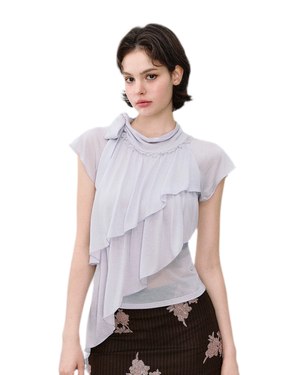 Ruffle Tie-Neck Tencel Short Sleeve Top