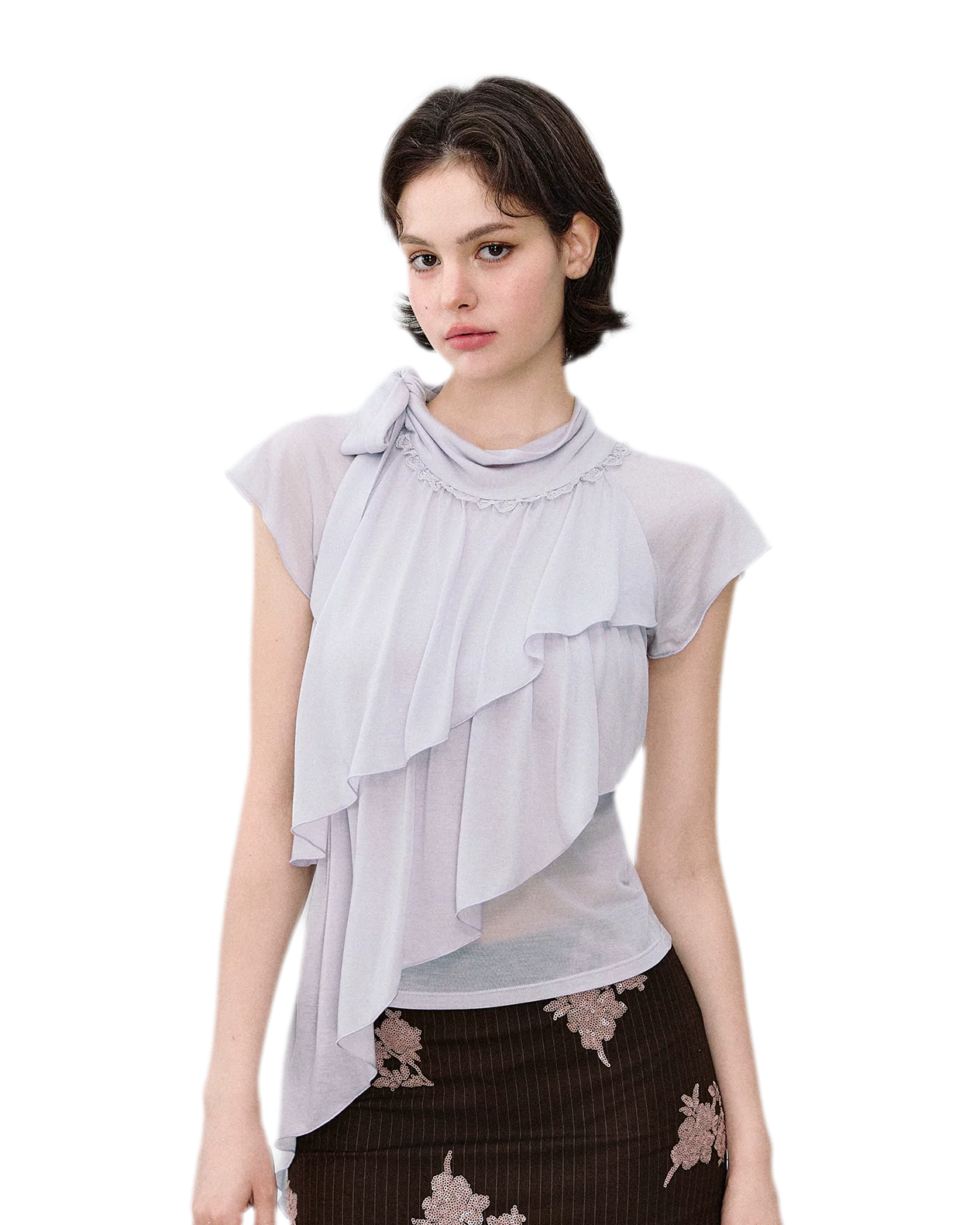 Ruffle Tie-Neck Tencel Short Sleeve Top