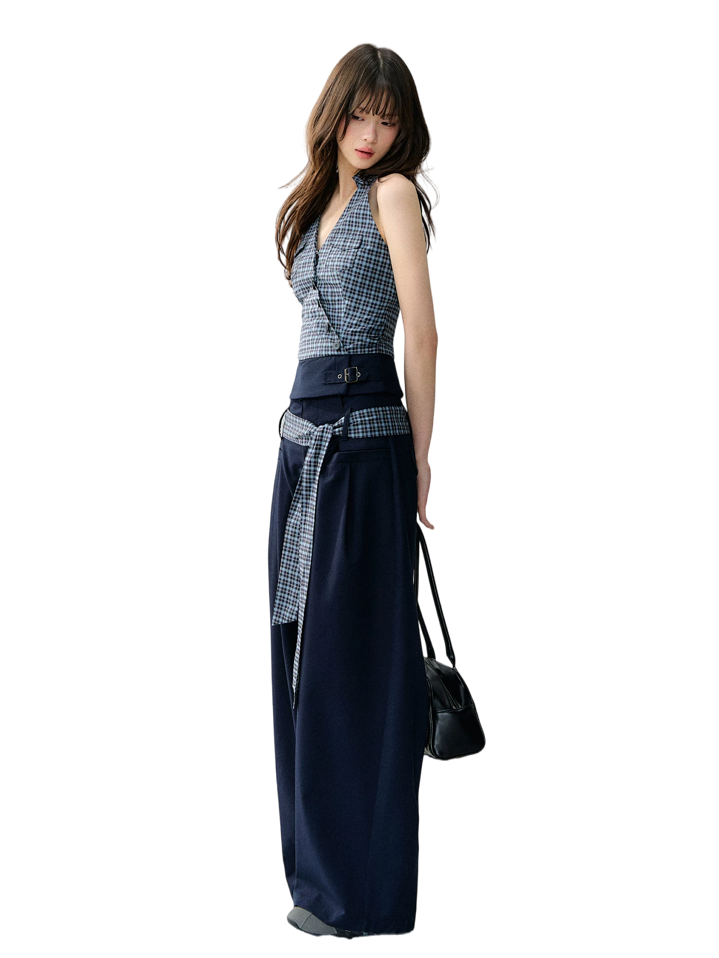 Navy Blue Plaid Two-Piece Set