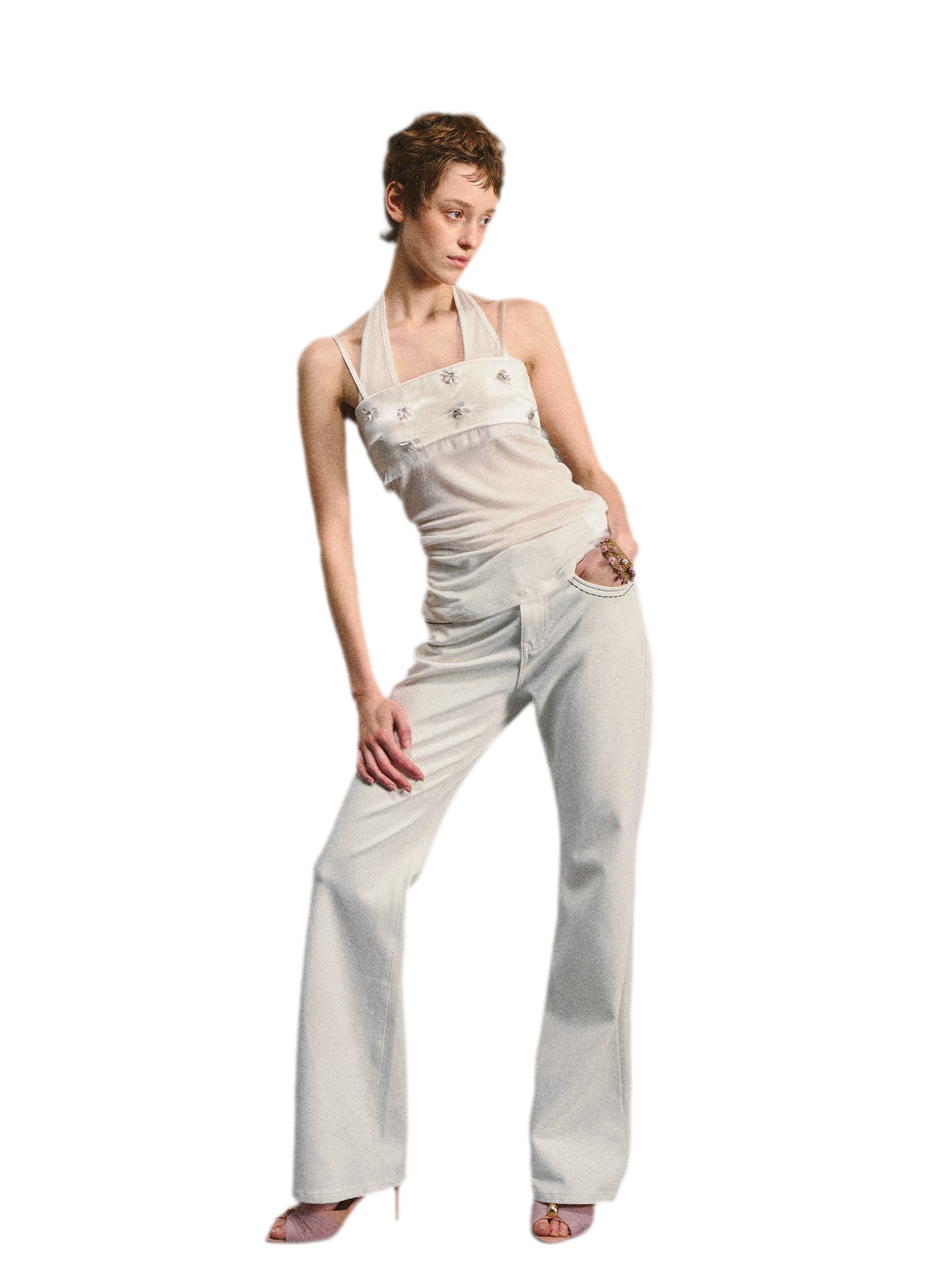 Textured White Contrast Waist Low-Rise Flared Pants