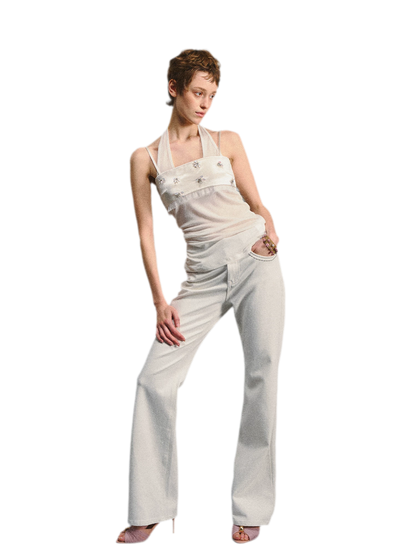 Textured White Contrast Waist Low-Rise Flared Pants
