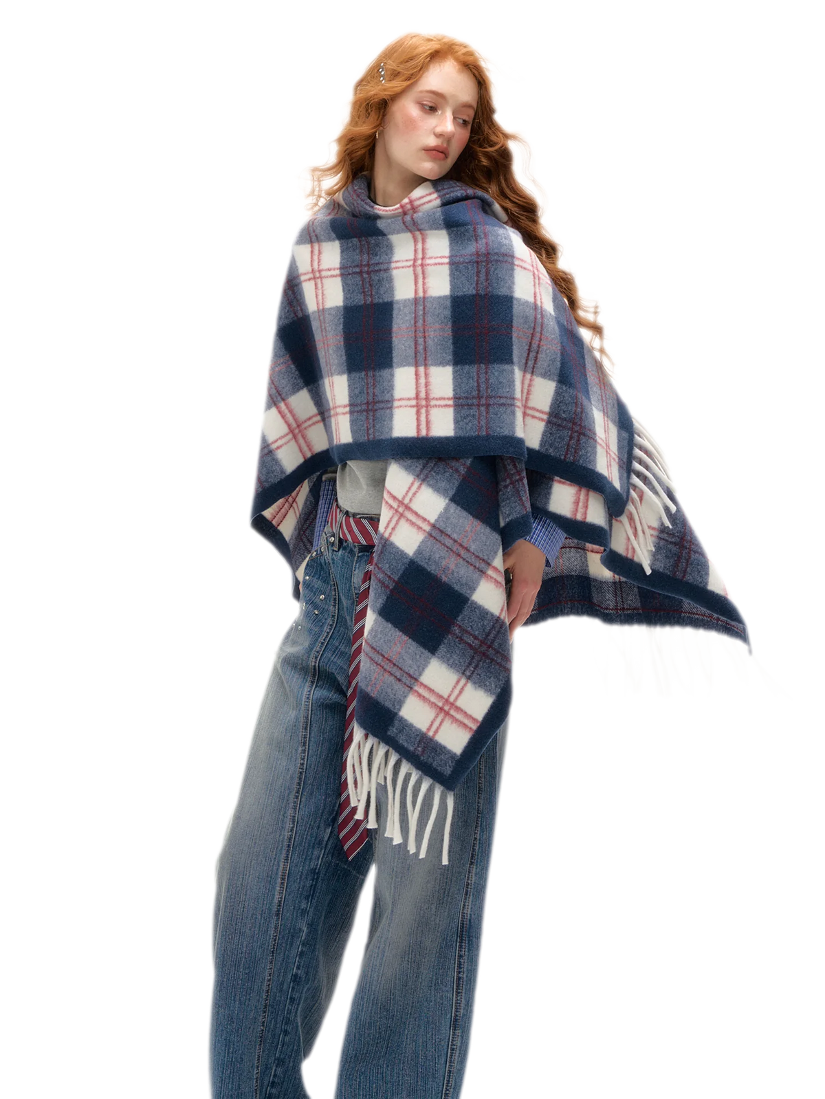Vintage Plaid Fringed Shawl