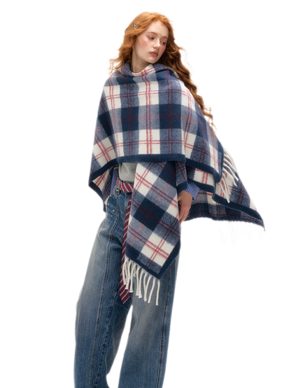 Vintage Plaid Fringed Shawl