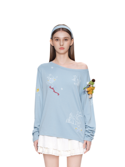 Graphic Off-Shoulder Long-Sleeve T-Shirt