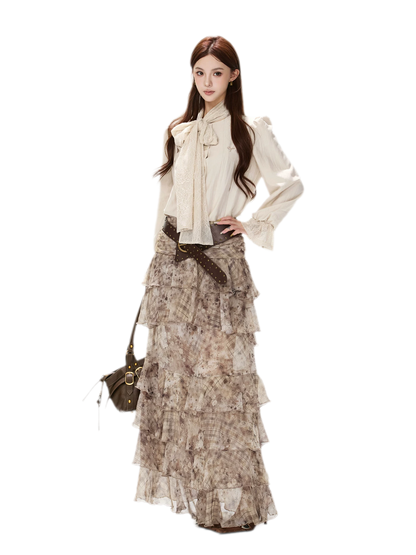Vintage Ruffle Chiffon Maxi Skirt