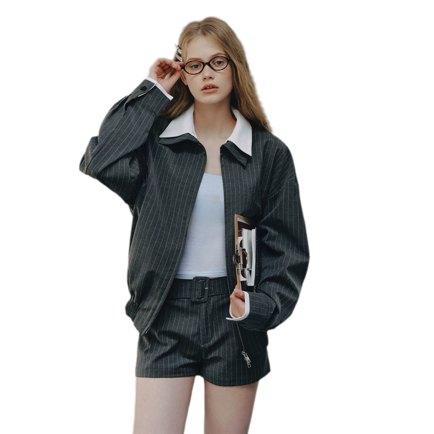 Pinstripe Belted Jacket Shorts Set