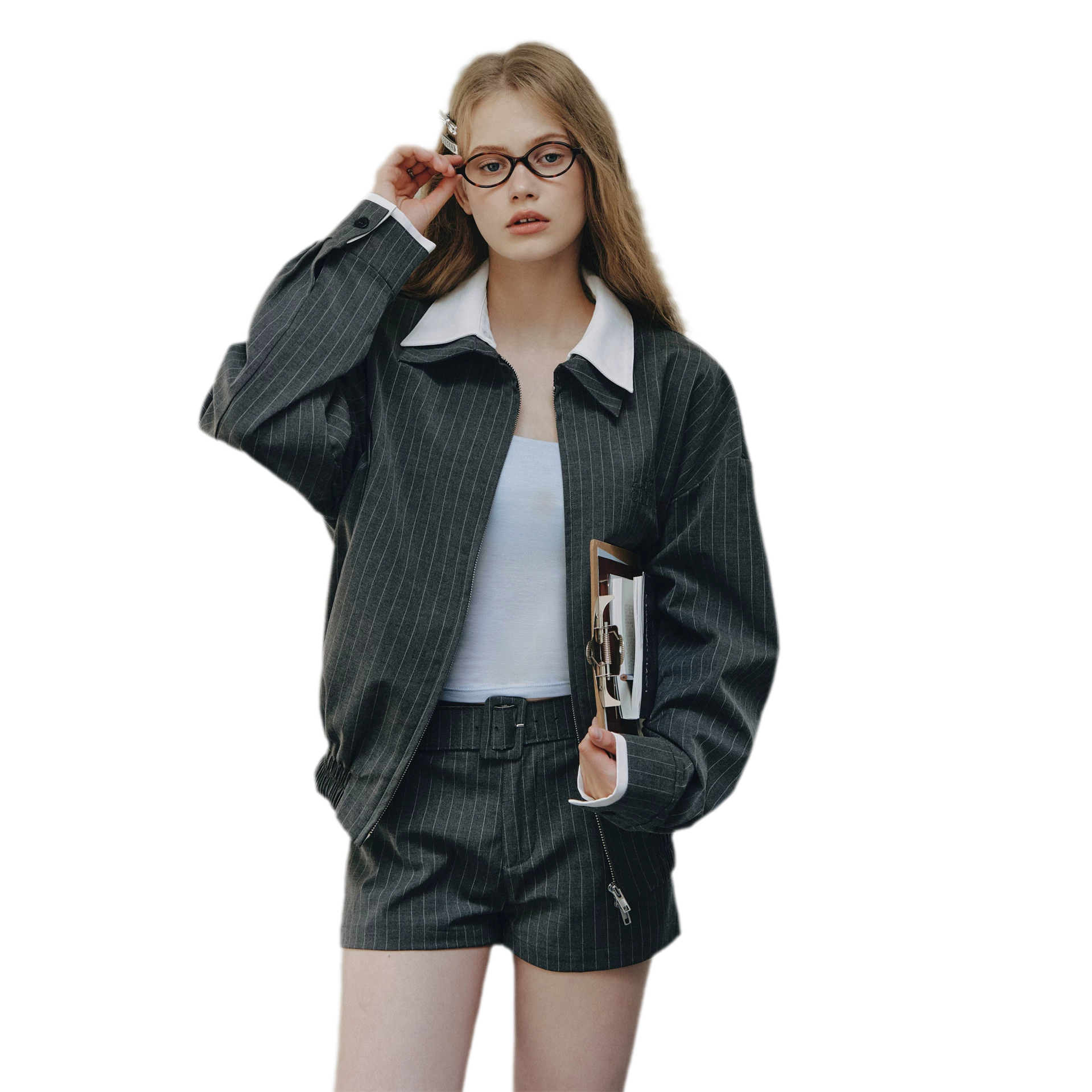 Pinstripe Belted Jacket Shorts Set