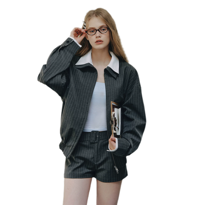 Pinstripe Belted Jacket Shorts Set
