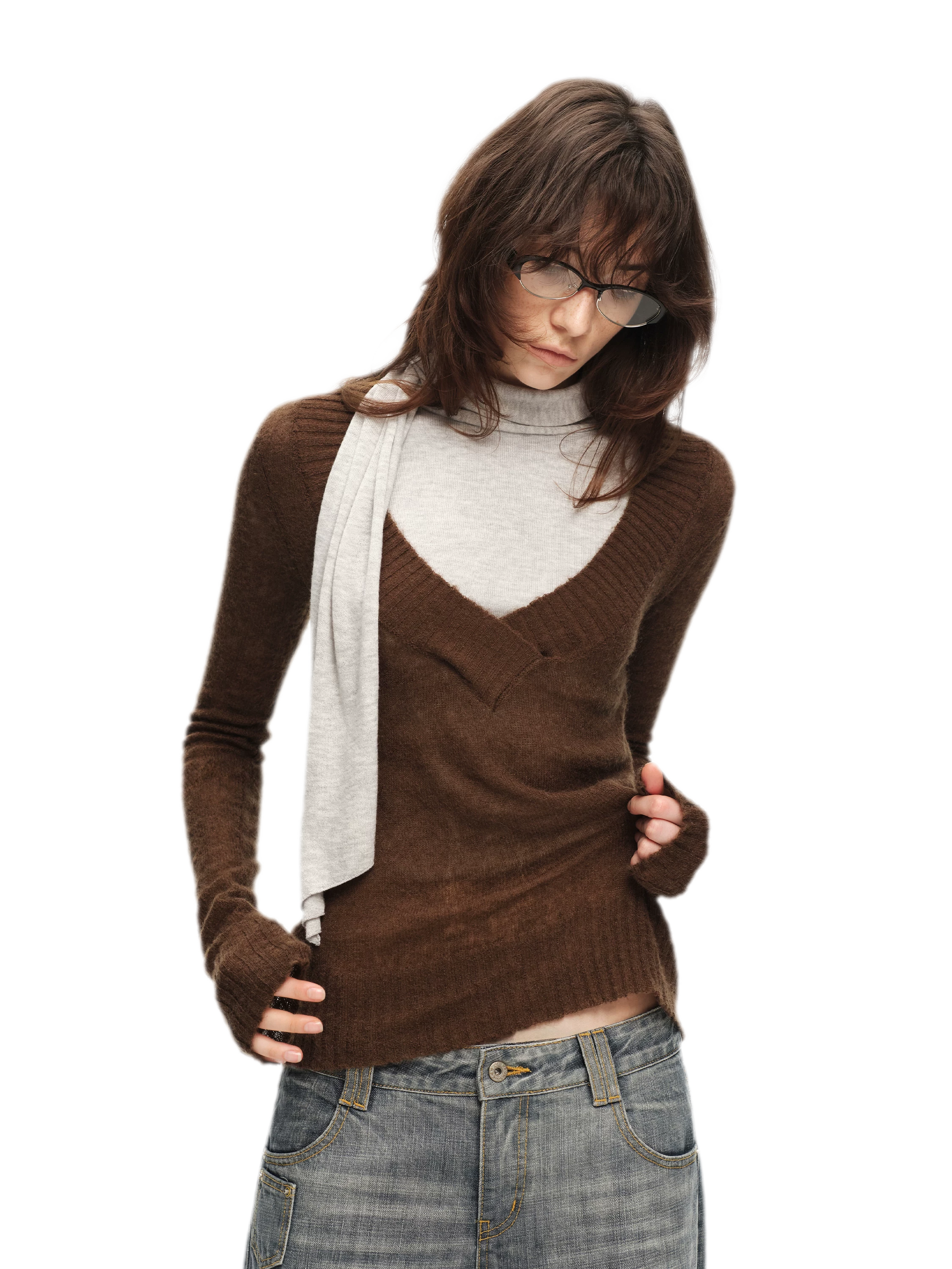 Faux Mohair Deep-V Sweater