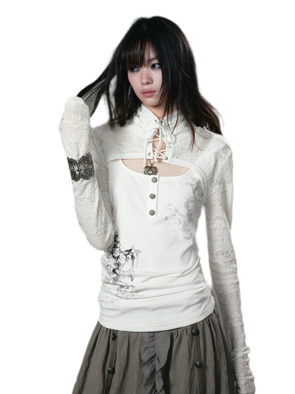 Silver Foil Gothic Lace-Up Top