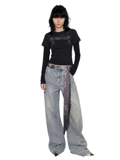 Scarf Tie Wide-Leg Jeans
