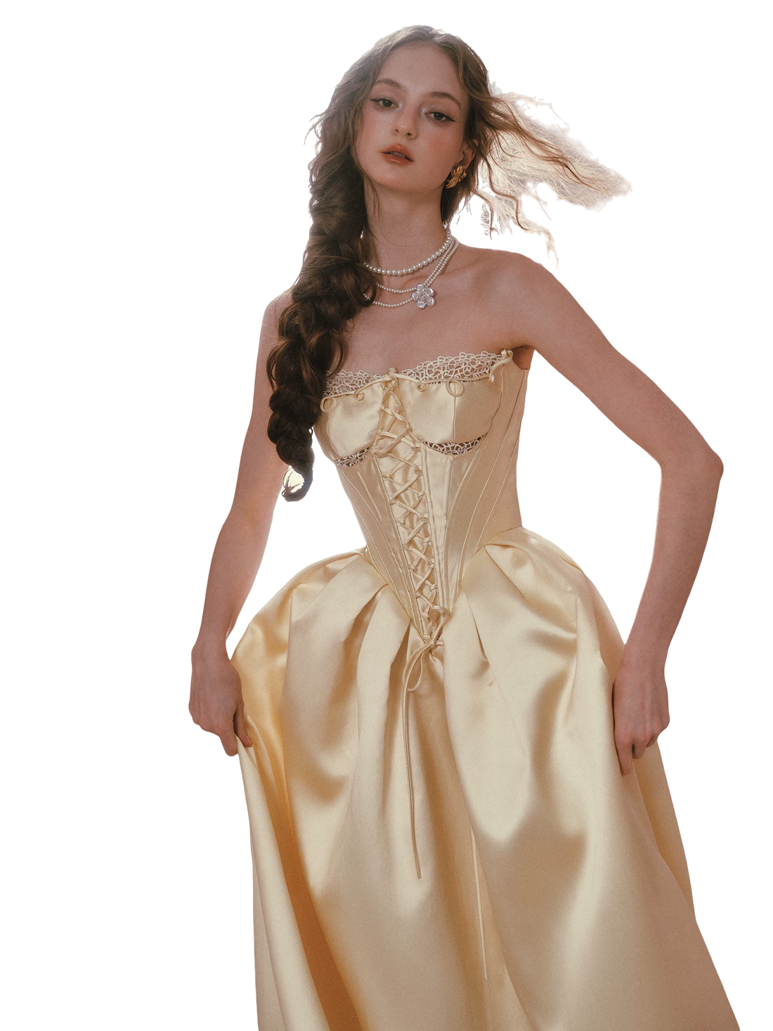 Belle Gold French Satin Lace Corset Dress